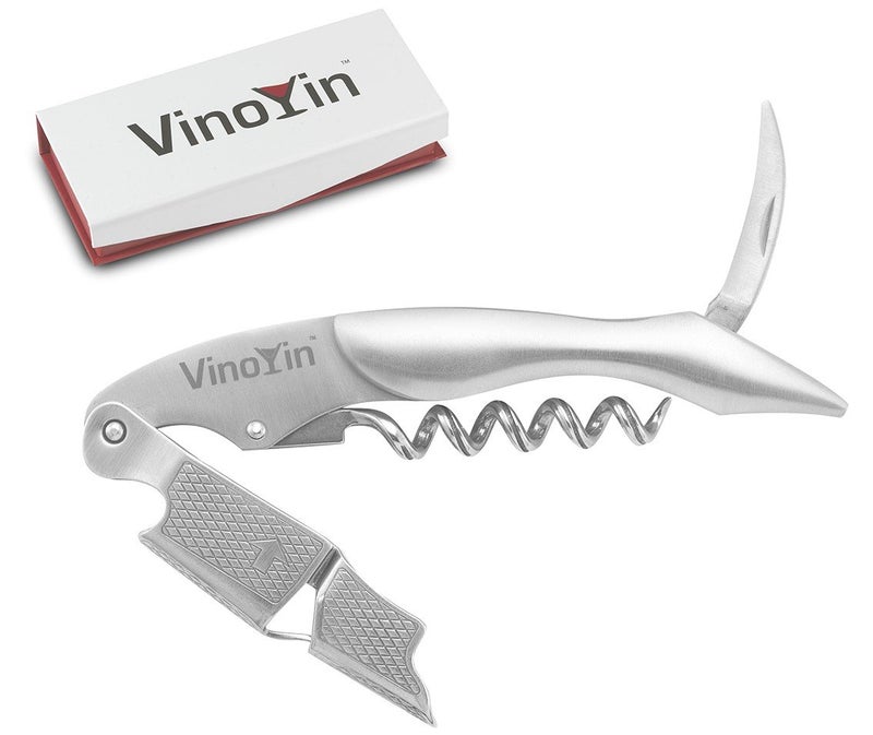 Vinoyin All In One Waiters Corkscrew Gift Set  Stainless Steel Cool Silver Color  Includes Wine  Beer Bottle Opener and Foil Cutter with Gift Box by VinoYin 