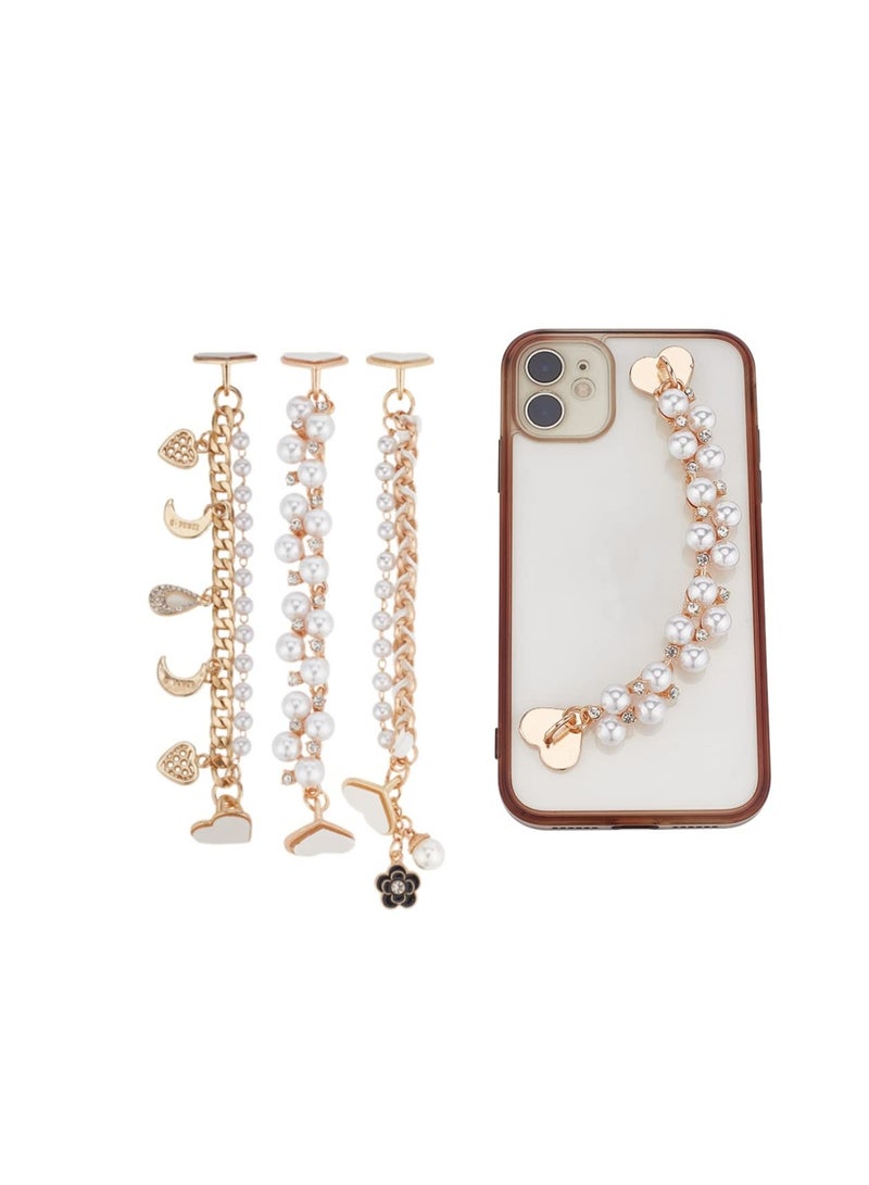 SOLARAE Beaded Cell Phone Chain Charms, Pearl Phone Chain Decoration, Lanyard Heart Moon Beaded Phone Charm Strap Crystal Rhinestone Diamond Gold Chain Universal Mobile Phone Finger Strap for Women(3Pcs ) - Image 1