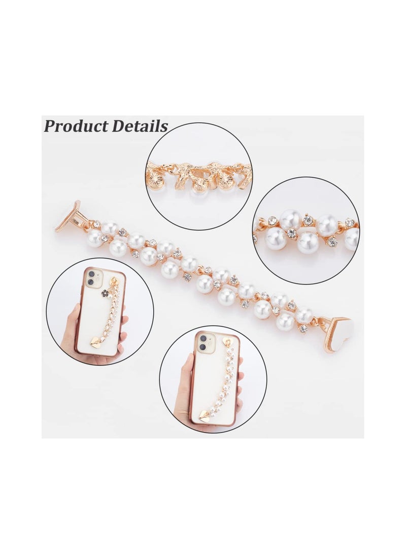 SOLARAE Beaded Cell Phone Chain Charms, Pearl Phone Chain Decoration, Lanyard Heart Moon Beaded Phone Charm Strap Crystal Rhinestone Diamond Gold Chain Universal Mobile Phone Finger Strap for Women(3Pcs ) - Image 3