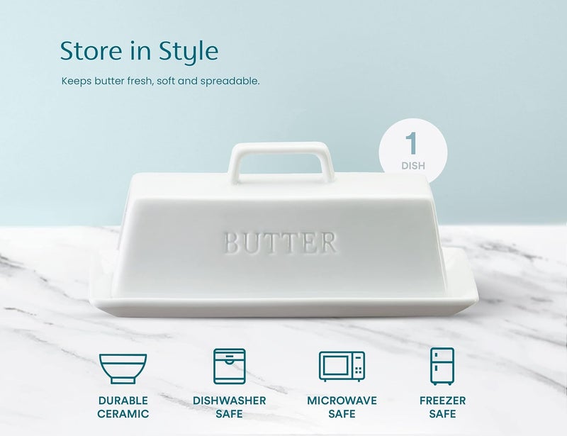 Kook Butter Dish with Lid, by , Butter Dish with Lid for Countertop, Ceramic, Butter Tray, Kitchen Butter Keeper, Butter Container, Butter Holder, Holds 1 Stick, Microwave and Dishwasher Safe, White - Image 5