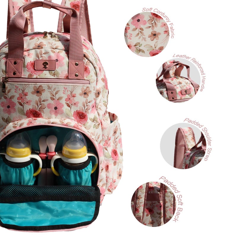 ESVAN Diaper Bag Backpack, Large Capacity Multifunction Baby Essentials Fashion Travel Pack Linen Canvas office Laptop Bag (Corduroy Pink Flower) - Image 2