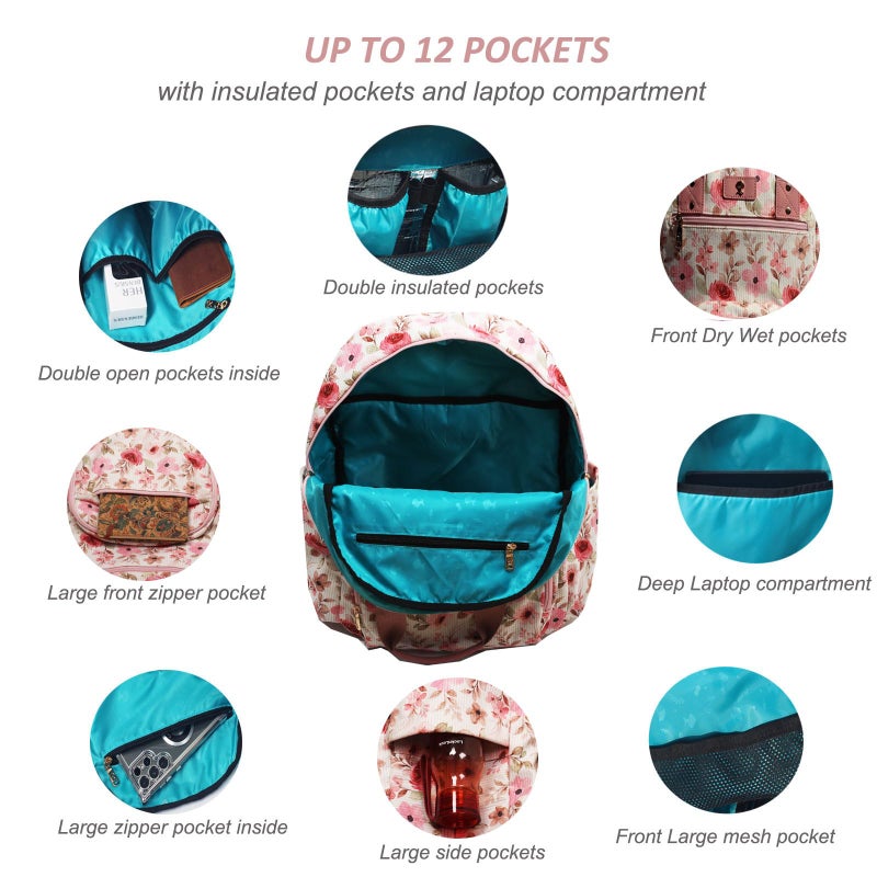 ESVAN Diaper Bag Backpack, Large Capacity Multifunction Baby Essentials Fashion Travel Pack Linen Canvas office Laptop Bag (Corduroy Pink Flower) - Image 4