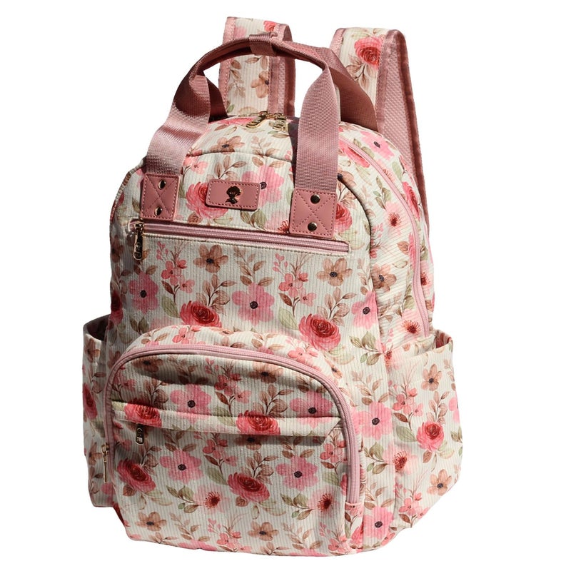 ESVAN Diaper Bag Backpack, Large Capacity Multifunction Baby Essentials Fashion Travel Pack Linen Canvas office Laptop Bag (Corduroy Pink Flower) - Image 1