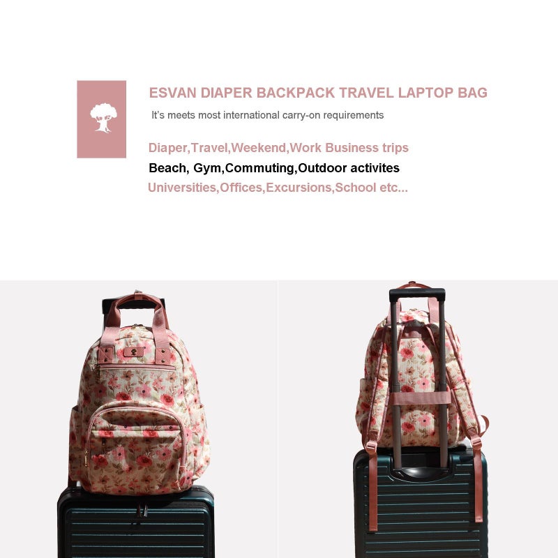 ESVAN Diaper Bag Backpack, Large Capacity Multifunction Baby Essentials Fashion Travel Pack Linen Canvas office Laptop Bag (Corduroy Pink Flower) - Image 5