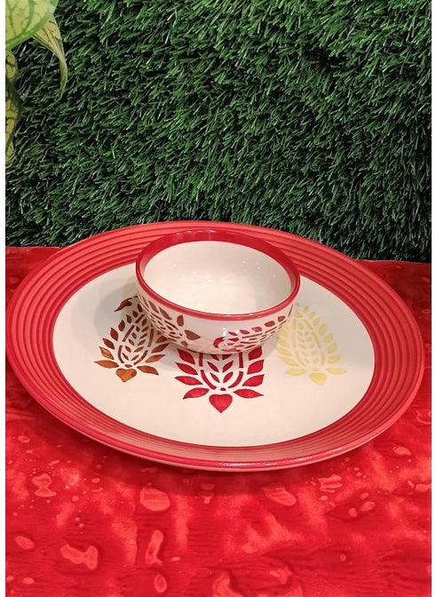 Caffeine Ceramic Handmade Red Boota Combo Dinner Set (Set of 2)