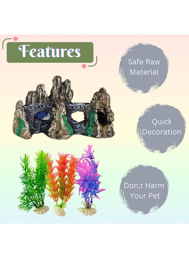 Generic Aquarium Ornament Combo Of Artificial Plants And Resin Decor - (4Inch Plant (10Pcs) + Brown Hills Decor) For Fish Tank Decoration, Household And Office Aquarium (Color May Vary) - Image 5