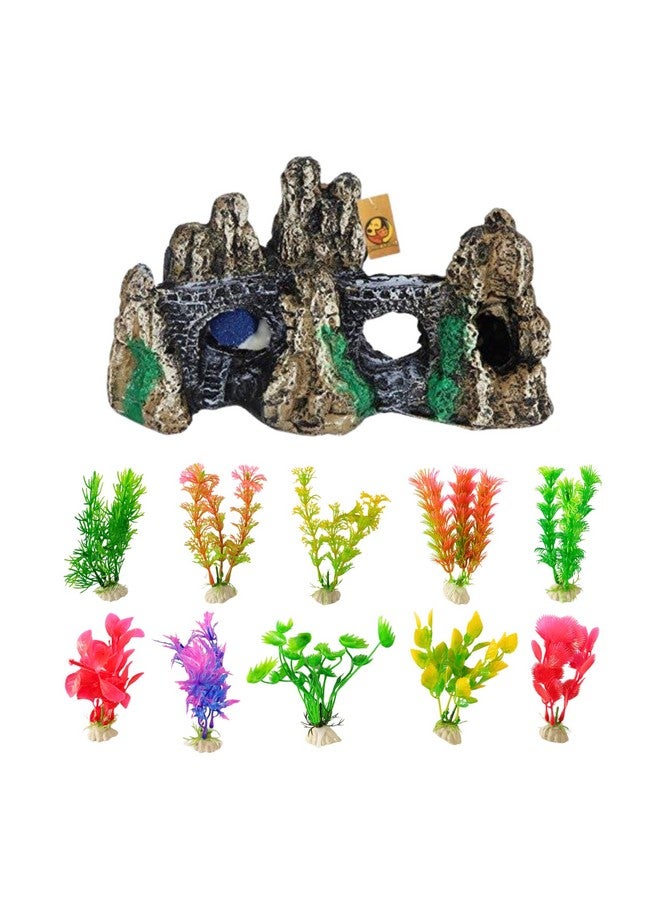 Generic Aquarium Ornament Combo Of Artificial Plants And Resin Decor - (4Inch Plant (10Pcs) + Brown Hills Decor) For Fish Tank Decoration, Household And Office Aquarium (Color May Vary) - Image 1