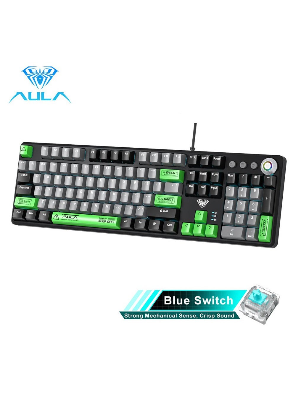 Mechanical Gaming Keyboard NKRO with Wrist Rest RGB Backlit Volume/Lighting Control Knob Fully Programmable 108-Keys Anti-Ghosting Wired Computer Keyboards for Office/Games, Blue Switch 