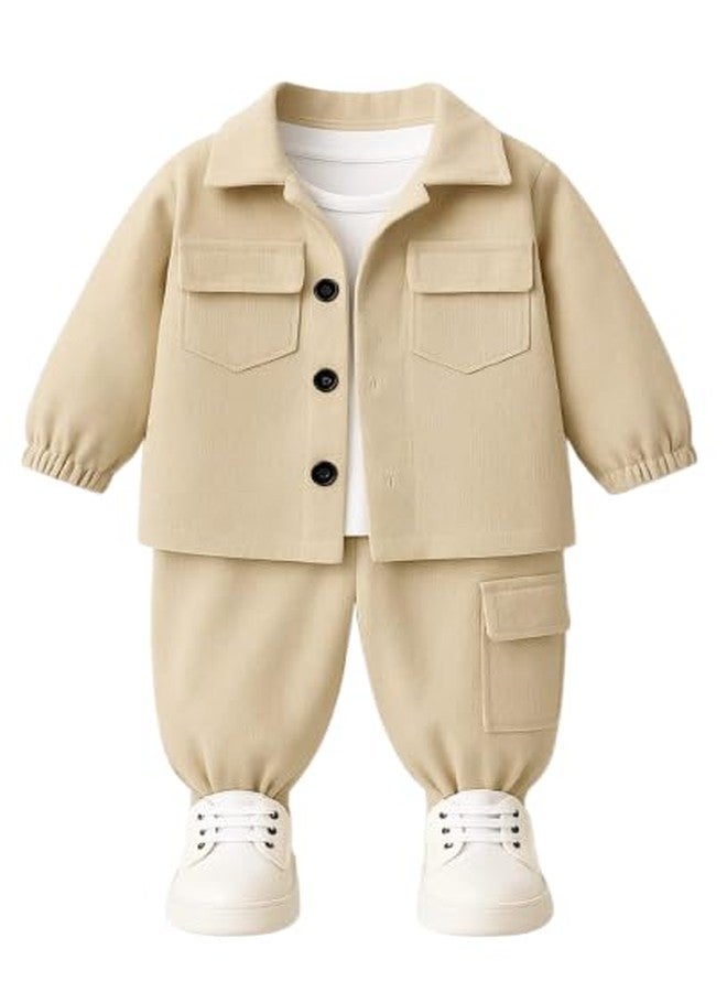 ocvito Kids Boys cream Stylish Shirt & Pant Clothing Set, Solid Casual Outfit with Front Button Shirt & Elastic Waist Pants, Comfortable Party & Dress for Kids.3-4 years - Image 1