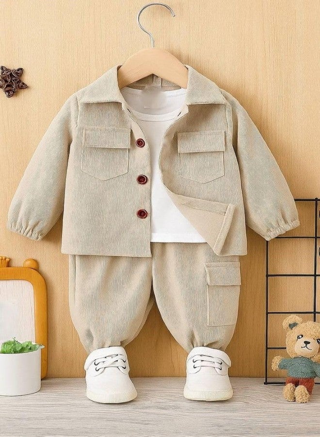 ocvito Kids Boys cream Stylish Shirt & Pant Clothing Set, Solid Casual Outfit with Front Button Shirt & Elastic Waist Pants, Comfortable Party & Dress for Kids.3-4 years - Image 5