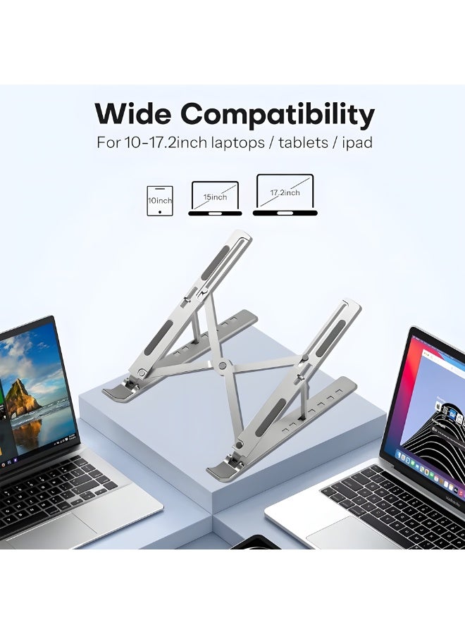 Premium Quality Foldable Aluminum Laptop Stand – 7 Adjustable Height Levels – Hollow Cooling Design – Compatible with 10–17.2 Inch Devices, Portable Laptop Stand Notebook Stand – Silver - Image 3