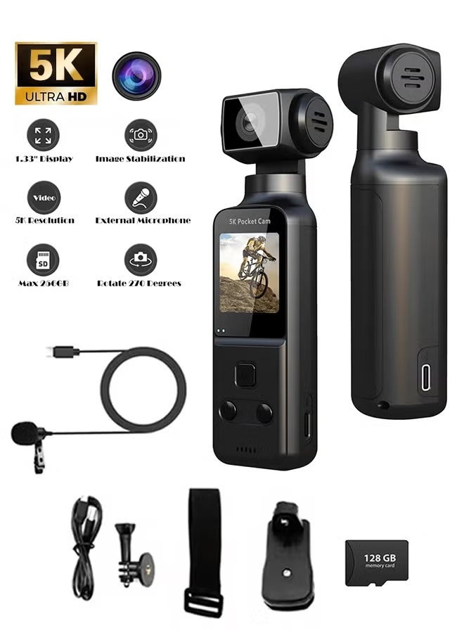 WALALLA Handheld 5K Video Camera Camcorder, UHD 5K 60fps WiFi Pocket Digital Body Camera, Included 128G TF Card, 6-Axis Gyroscope Vlog Camera with 1.33-inch Screen, 270° Rotable Lens, Mic Included, for Photography - Image 1