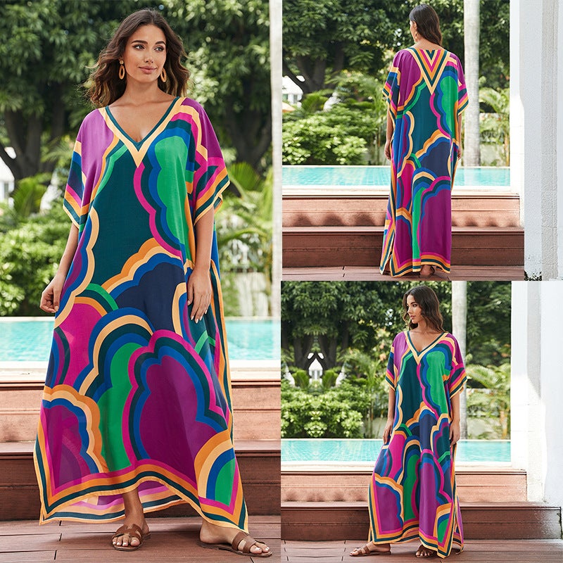 Generic Cross-border European and American rayon tie-dyed beach jumpsuit long dress loose robe bikini swimsuit outer blouse sun protection shirt ZS2277-7 colorful
