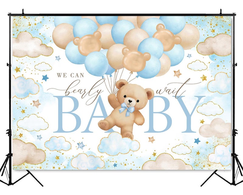 Mocsicka Bear Baby Shower Backdrop We can Bearly Wait for Boys Baby Shower Party Decorations Balloons Stars Clouds Gold Photography Background (Blue, 7x5ft(82"x60")) - Image 5