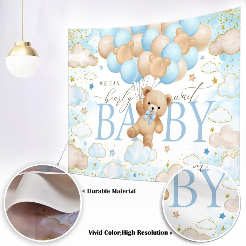 Mocsicka Bear Baby Shower Backdrop We can Bearly Wait for Boys Baby Shower Party Decorations Balloons Stars Clouds Gold Photography Background (Blue, 7x5ft(82"x60")) - Image 2