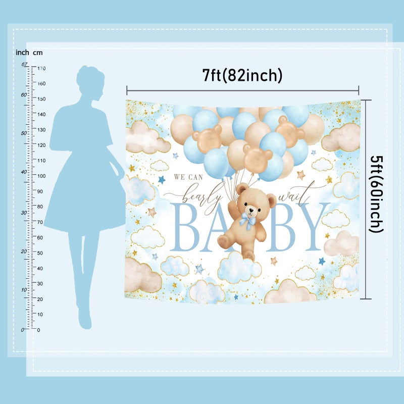 Mocsicka Bear Baby Shower Backdrop We can Bearly Wait for Boys Baby Shower Party Decorations Balloons Stars Clouds Gold Photography Background (Blue, 7x5ft(82"x60")) - Image 4
