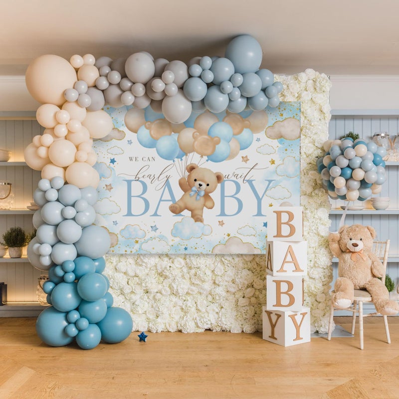 Mocsicka Bear Baby Shower Backdrop We can Bearly Wait for Boys Baby Shower Party Decorations Balloons Stars Clouds Gold Photography Background (Blue, 7x5ft(82"x60")) - Image 3
