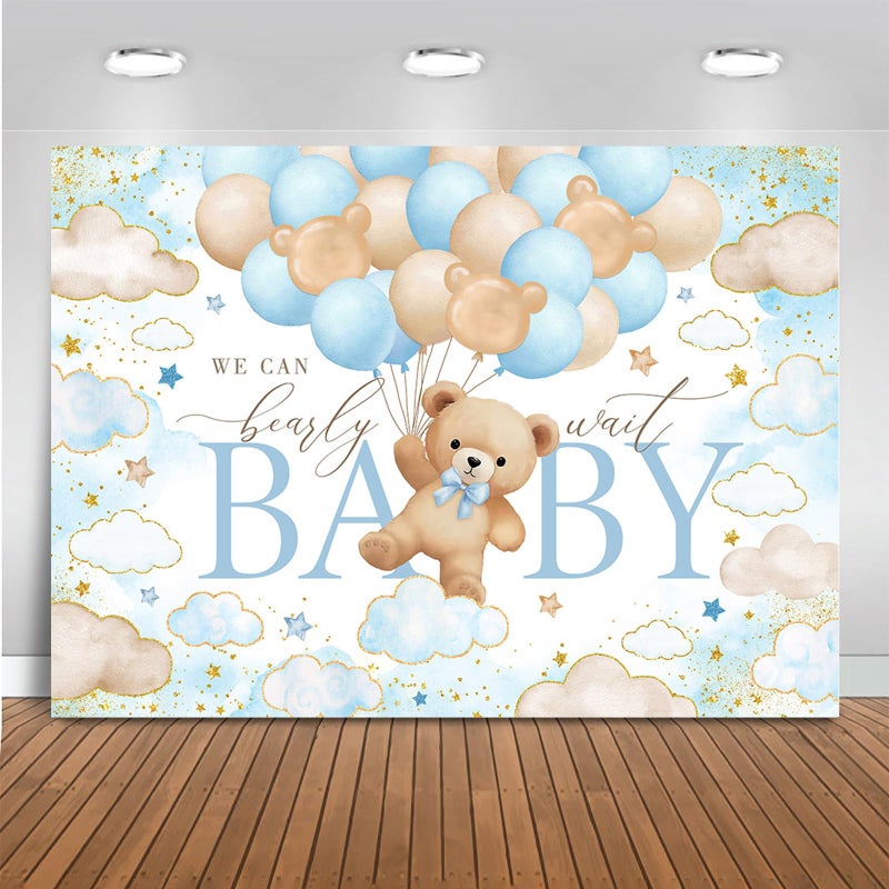 Mocsicka Bear Baby Shower Backdrop We can Bearly Wait for Boys Baby Shower Party Decorations Balloons Stars Clouds Gold Photography Background (Blue, 7x5ft(82"x60")) - Image 1