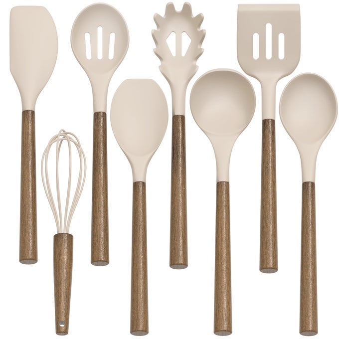 SILICONE KITCHEN COOKING UTENSIL SET 9PCS KITCHEN UTENSILS SPATULA SET WITH WOODEN HANDLE FOR NONSTICK COOKWARE 446F HEAT RESISTANT SILICONE KITCHEN GADGETS UTENSIL SET WITH LARGE HOLDERKHAKI