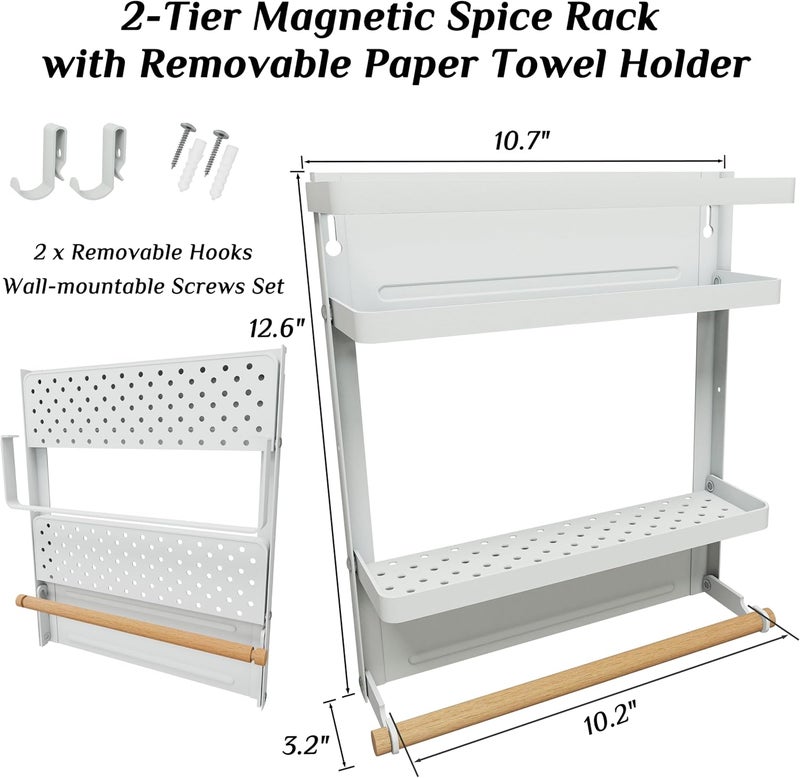 Brosisincorp Magnetic Spice Rack - 2-Tier Refrigerator Storage Organizer with Removable Paper Towel Holder - White - Image 2