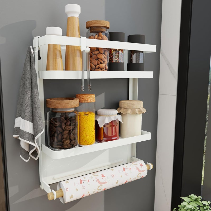 Brosisincorp Magnetic Spice Rack - 2-Tier Refrigerator Storage Organizer with Removable Paper Towel Holder - White - Image 1