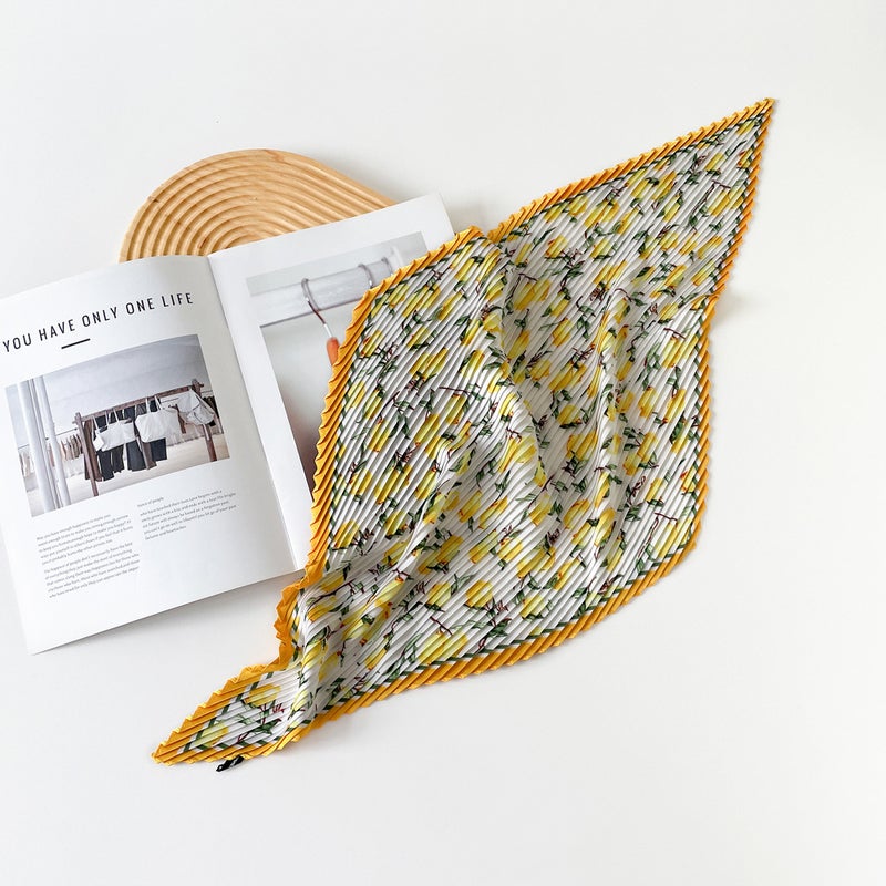 70cm Pleated Silk Scarf Printed Womens Bandana YZL7008-lemon yellow