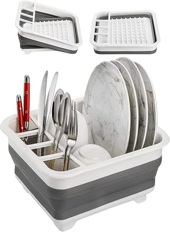 Spaceshoop Collapsible Dish Drying Rack with Drainboard Portable Dish Drainer Foldable Drying Dish Storage Rack Silverware Organizer Camping RV Kitchen Accessories and Outdoor Activities