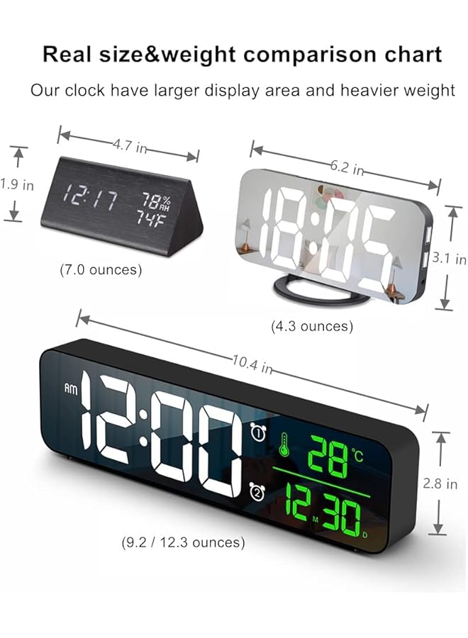 إيروريكس ساعة منبه رقمية لغرفة النوم ساعة رقمية بشاشة كبيرة ساعة منبه رقمية لعرض التاريخ ودرجة الحرارة ساعة حائط رقمية 10.4 بوصة 12 24 ساعة منبه غفوة لغرفة المعيشة. أسود - Image 5