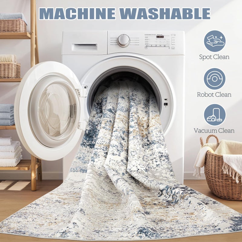 DMOYEST Area Rug Living Room Rugs - 5x7 Abstract Large Soft Indoor Washable Rug Neutral Modern Low Pile Carpet for Bedroom Dining Room Farmhouse Home Office - Beige Blue - Image 5