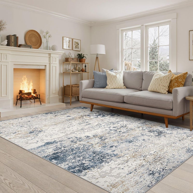 DMOYEST Area Rug Living Room Rugs - 5x7 Abstract Large Soft Indoor Washable Rug Neutral Modern Low Pile Carpet for Bedroom Dining Room Farmhouse Home Office - Beige Blue - Image 4