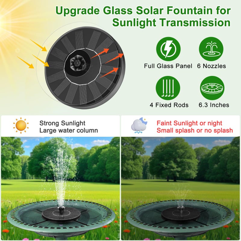 SEIRMEP Solar Fountain Pump with Spray Height Adjustment, Upgrade Glass Solar Bird Bath Fountains with 6 Nozzles, Outdoor Solar Water Fountain Pump for Bird Bath, Garden, Pool, Pond - Image 4