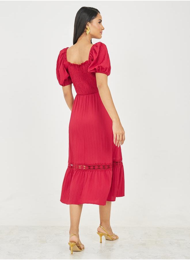 Styli - Smocked Striped Texture Lace Detail A-Line Midi Dress - Image 1