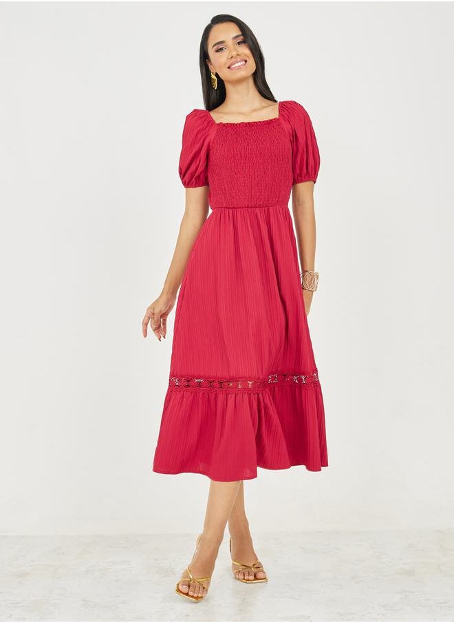 Styli - Smocked Striped Texture Lace Detail A-Line Midi Dress - Image 1