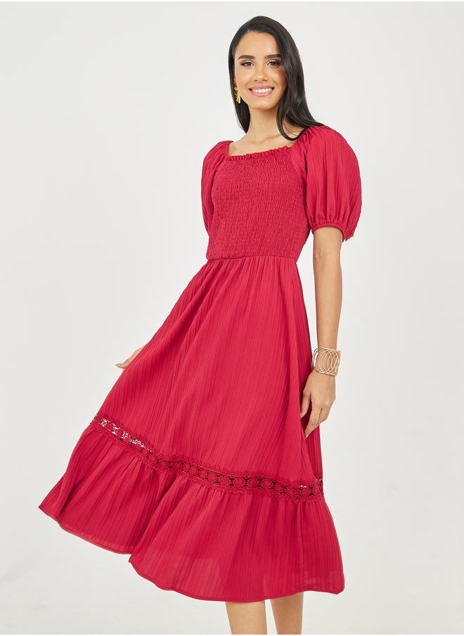 Styli - Smocked Striped Texture Lace Detail A-Line Midi Dress - Image 1
