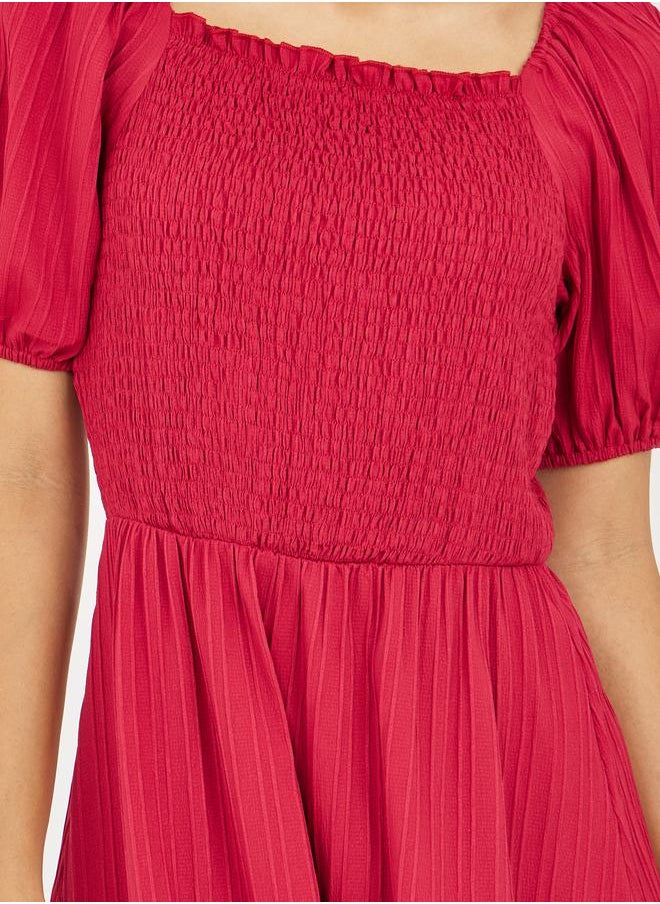 Styli - Smocked Striped Texture Lace Detail A-Line Midi Dress - Image 1