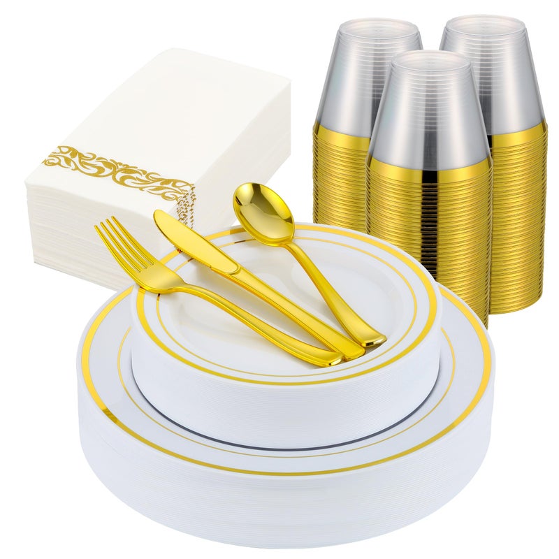 ISFANGCO 350 PCS Gold Plastic Dinnerware for 50 Guests  Gold and White Plastic Disposable Plates  50 Dinner Plates  50 Dessert Plates  50 Silverware Set  50 Cups  50 Napkins for Party - Image 1