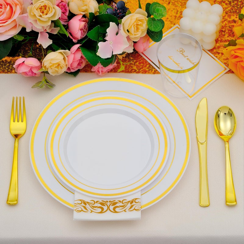 ISFANGCO 350 PCS Gold Plastic Dinnerware for 50 Guests  Gold and White Plastic Disposable Plates  50 Dinner Plates  50 Dessert Plates  50 Silverware Set  50 Cups  50 Napkins for Party - Image 4