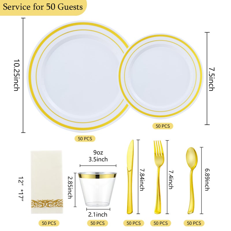 ISFANGCO 350 PCS Gold Plastic Dinnerware for 50 Guests  Gold and White Plastic Disposable Plates  50 Dinner Plates  50 Dessert Plates  50 Silverware Set  50 Cups  50 Napkins for Party - Image 2