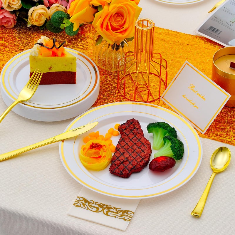 ISFANGCO 350 PCS Gold Plastic Dinnerware for 50 Guests  Gold and White Plastic Disposable Plates  50 Dinner Plates  50 Dessert Plates  50 Silverware Set  50 Cups  50 Napkins for Party - Image 5