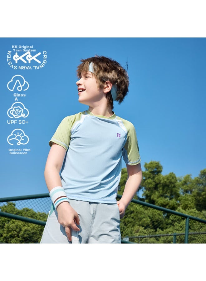 Kocotree Children's Quick-dry Moisture-wicking T-shirt, Outdoor Sports Training Wear, Summer Contrasting Colors, Glacier Blue, Size 110 - Image 1