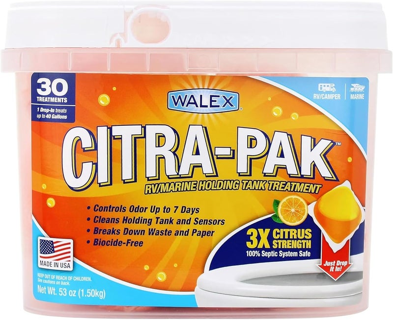 WALEX Citra-Pak RV Marine Toilet Treatment Tank Deodorizer Controls Odors and Breaks Down Toilet Paper and Waste - Septic System Safe - Citrus Fragrance (30 Treatments) Made in USA - Image 1