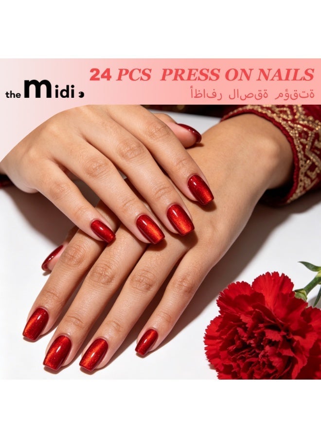 THEMIDI. Burgundy Red Press On Nails Short Square Shape Glossy Solid Artificial Nails Set Full Cover Fake Nails Reusable Stick On Nails Soft Gel Acrylic Nail Kit Elegant Minimalist Nails For Women Daily Wear Office Wedding Eid Party Salon Style Long Lasting Damage Free Nails - Image 1