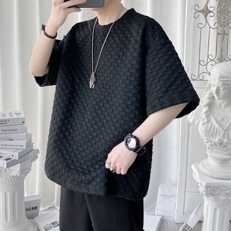 Men's Black Checkered Texture Short Sleeve T-Shirt, Polyester Crew Neck Loose Fit Top - Image 3