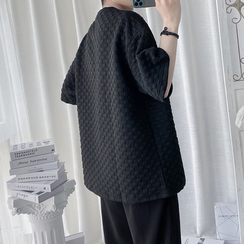 Men's Black Checkered Texture Short Sleeve T-Shirt, Polyester Crew Neck Loose Fit Top - Image 2