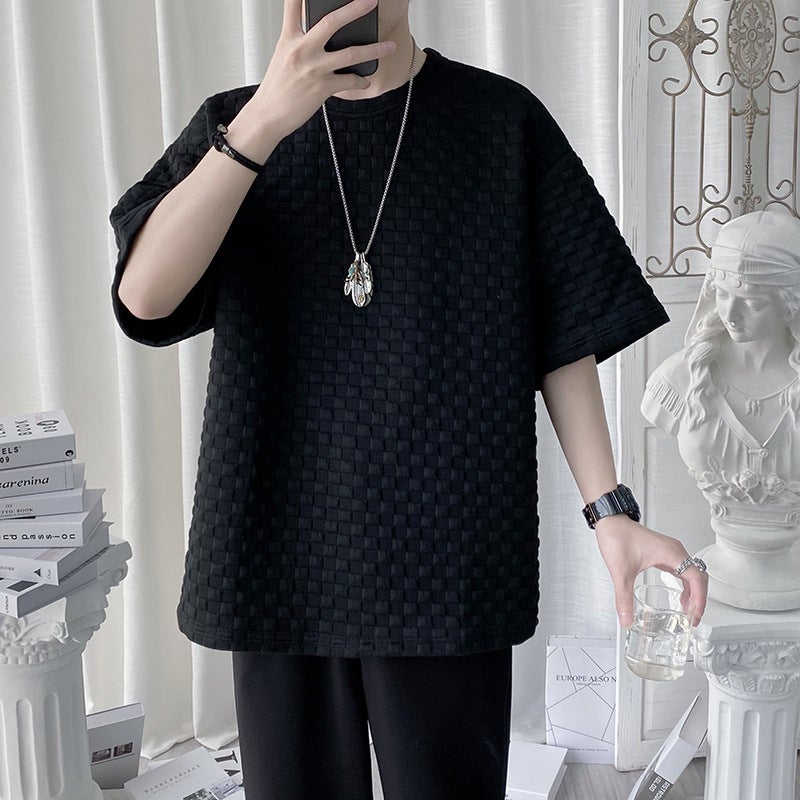 Men's Black Checkered Texture Short Sleeve T-Shirt, Polyester Crew Neck Loose Fit Top - Image 1