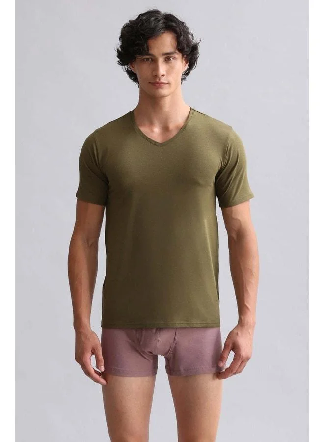 Aytuğ Corn Modal by TENCEL HERCULES Slim Fit V-Neck Fanila / Dark Khaki T-Shirt.