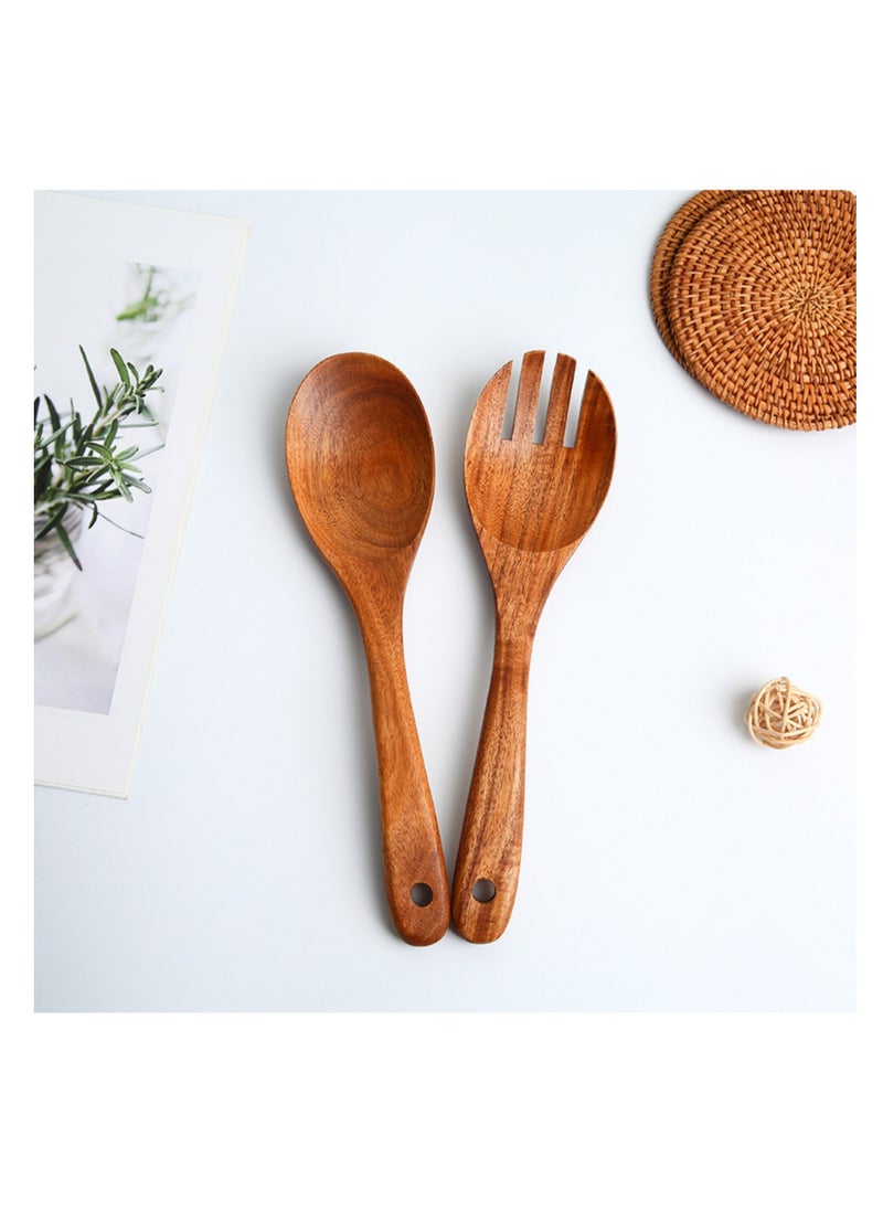 NOVOLAN Wooden Salad Spoon & Fork Set - 26x6.5cm Wooden Utensils for Mixing & Serving - Solid Wood Combination Cooking Spoon & Fork - Smooth Texture, Hand Washable, Easy to Clean - for Salads, Pasta  - Image 1