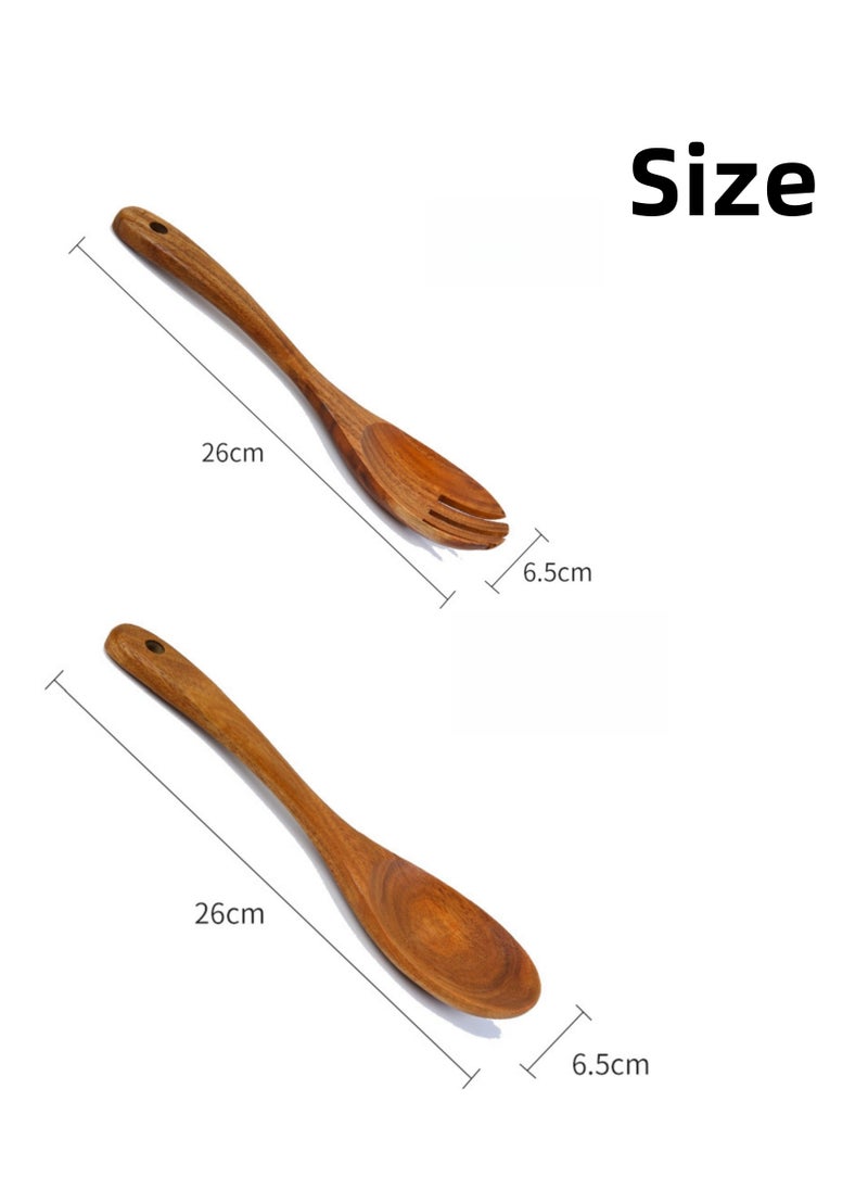 NOVOLAN Wooden Salad Spoon & Fork Set - 26x6.5cm Wooden Utensils for Mixing & Serving - Solid Wood Combination Cooking Spoon & Fork - Smooth Texture, Hand Washable, Easy to Clean - for Salads, Pasta  - Image 2