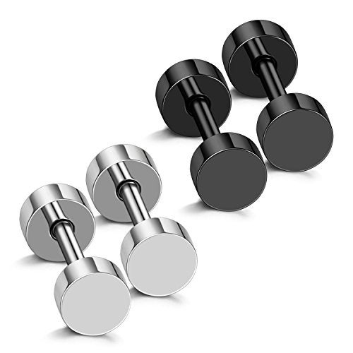 JewelrieShop Black Faux Gauges Plugs Earrings for Men Stainless Steel Dot Disc Studs Circle Flat Back Cheater Tunnel Dumbbell Earrings Women(18 Gauges,2 Pairs,4mm,Black and Silver) - Image 1