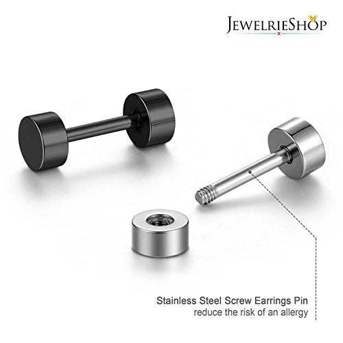 JewelrieShop Black Faux Gauges Plugs Earrings for Men Stainless Steel Dot Disc Studs Circle Flat Back Cheater Tunnel Dumbbell Earrings Women(18 Gauges,2 Pairs,4mm,Black and Silver) - Image 2